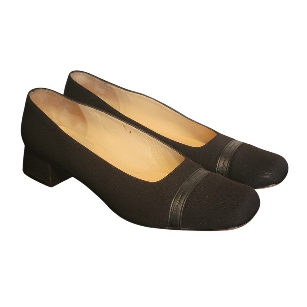 Vintage Salvatore Ferragamo Black Block Heel Square Toe Shoes 7.5 B Italy